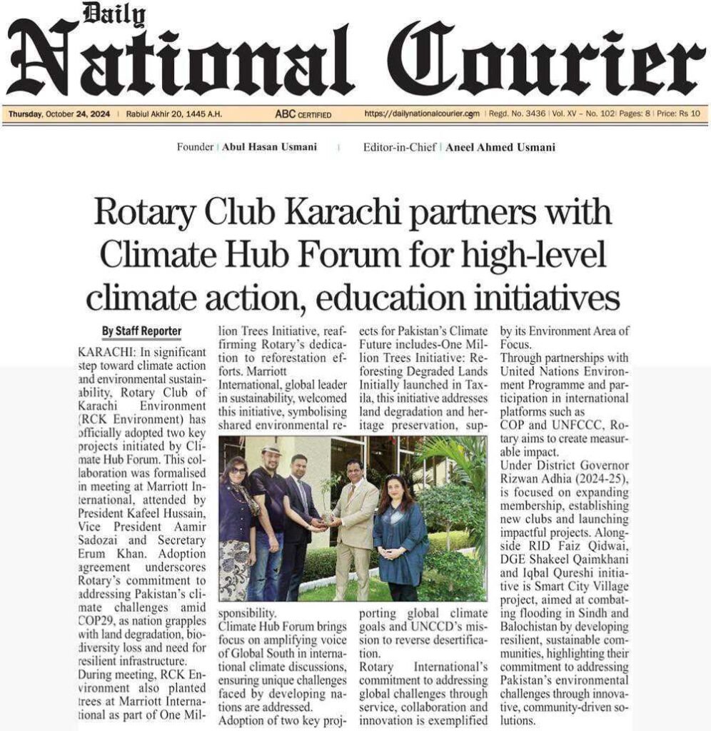 Rotary Club Karachi partners with Climate Hub Forum for high-level climate action, education initiatives